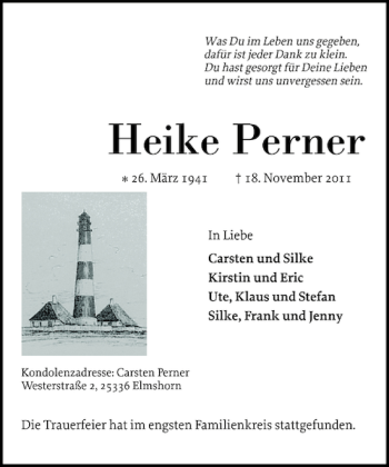 Traueranzeige von Heike Perner von Elmshorner Nachrichten