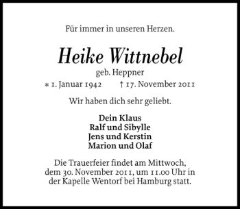 Traueranzeige von Heike Wittnebel von Flensburger Tageblatt