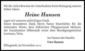 Traueranzeige von Heine Hansen von Schleswiger Nachrichten