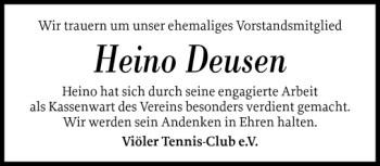 Traueranzeige von Heino Deusen von Husumer Nachrichten