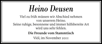 Traueranzeige von Heino Deusen von Husumer Nachrichten