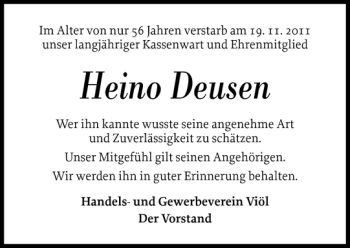 Traueranzeige von Heino Deusen von Husumer Nachrichten