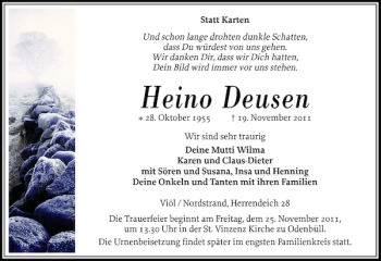 Traueranzeige von Heino Deusen von Husumer Nachrichten