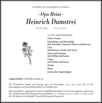 Traueranzeige von Heinrich Dumstrei von Nordfriesland Tageblatt