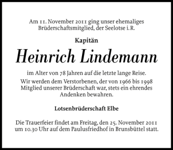 Traueranzeige von Heinrich Lindemann von Norddeutsche Rundschau
