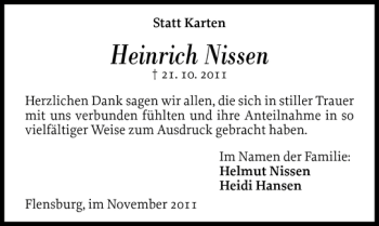 Traueranzeige von Heinrich Nissen von Flensburger Tageblatt