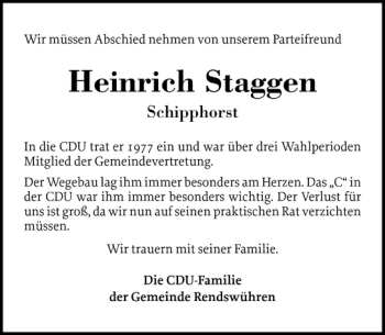 Traueranzeige von Heinrich Staggen von Holsteinischer Courier