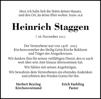 Traueranzeige von Heinrich Staggen von Holsteinischer Courier