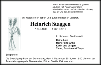 Traueranzeige von Heinrich Staggen von Holsteinischer Courier