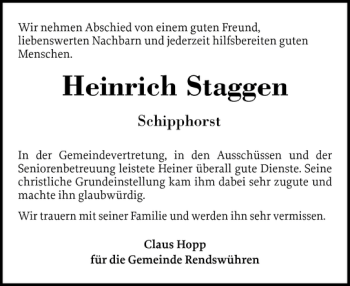 Traueranzeige von Heinrich Staggen von Holsteinischer Courier