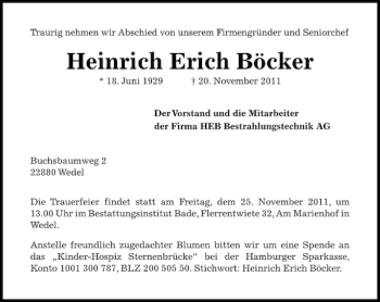 Traueranzeige von Heinrich Erich Böcker von Pinneberger Tageblatt
