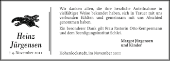 Traueranzeige von Heinz Jürgensen von Norddeutsche Rundschau