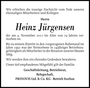 Traueranzeige von Heinz Jürgensen von Norddeutsche Rundschau
