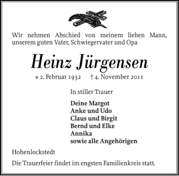 Traueranzeige von Heinz Jürgensen von Norddeutsche Rundschau