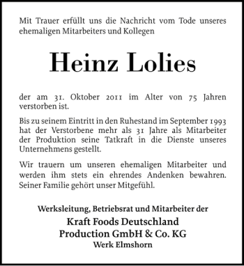 Traueranzeige von Heinz Lolies von Elmshorner Nachrichten