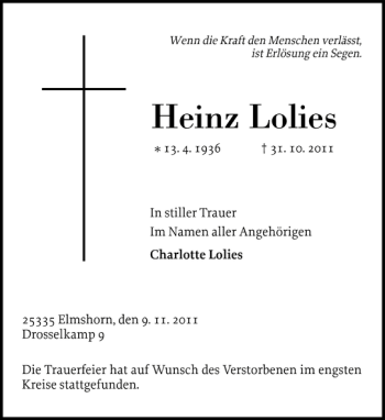 Traueranzeige von Heinz Lolies von Elmshorner Nachrichten