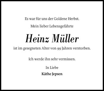 Traueranzeige von Heinz Müller von Flensburger Tageblatt