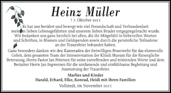 Traueranzeige von Heinz Müller von Husumer Nachrichten