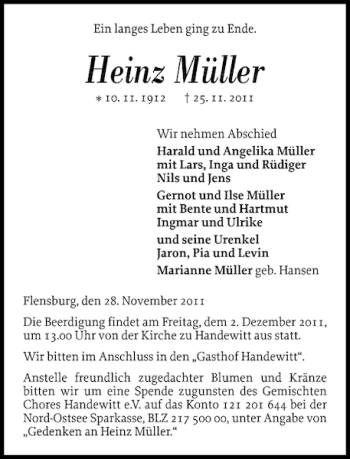 Traueranzeige von Heinz Müller von Flensburger Tageblatt