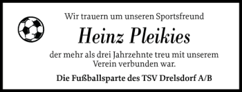 Traueranzeige von Heinz Pleikies von Husumer Nachrichten