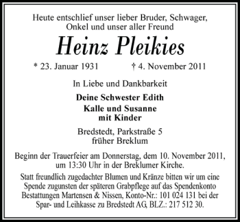 Traueranzeige von Heinz Pleikies von Husumer Nachrichten