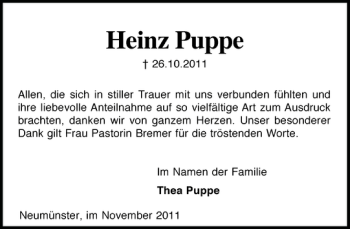 Traueranzeige von Heinz Puppe von Holsteinischer Courier