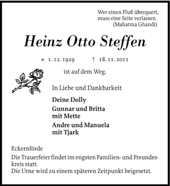 Traueranzeige von Heinz Otto Steffen von Eckernförder Zeitung