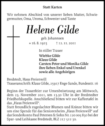 Traueranzeige von Helene Gilde von Husumer Nachrichten