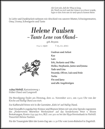 Traueranzeige von Helene Paulsen von Husumer Nachrichten