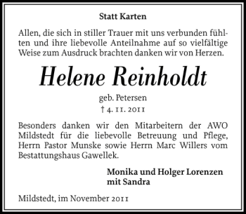 Traueranzeige von Helene Reinholdt von Husumer Nachrichten