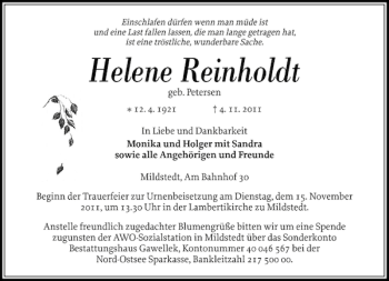 Traueranzeige von Helene Reinholdt von Husumer Nachrichten