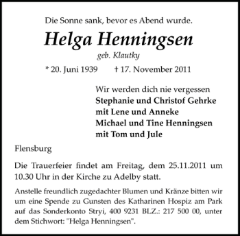 Traueranzeige von Helga Henningsen von Flensburger Tageblatt