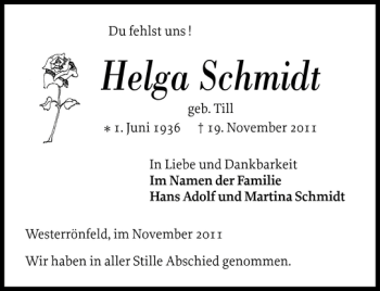 Traueranzeige von Helga Schmidt von Landeszeitung