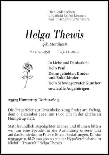 Traueranzeige von Helga Thewis von Nordfriesland Tageblatt