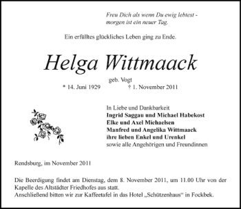Traueranzeige von Helga Wittmaack von Landeszeitung