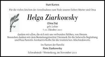 Traueranzeige von Helga Ziarkowsky von Husumer Nachrichten