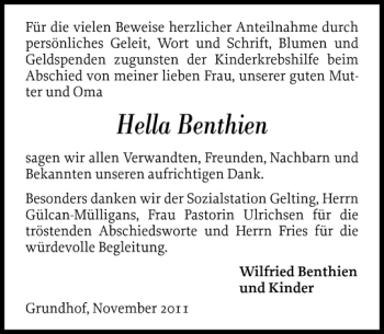 Traueranzeige von Hella Benthien von Flensburger Tageblatt