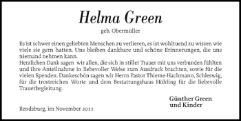 Traueranzeige von Helma Green von Landeszeitung