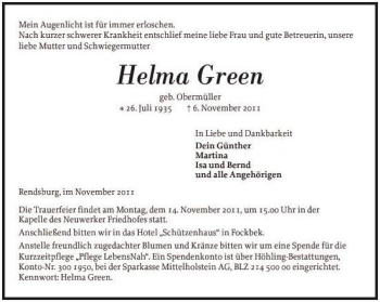 Traueranzeige von Helma Green von Landeszeitung