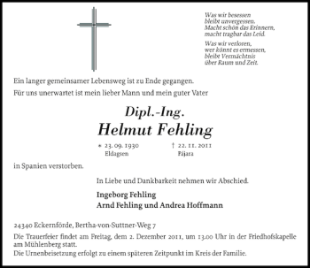 Traueranzeige von Helmut Fehling von Eckernförder Zeitung