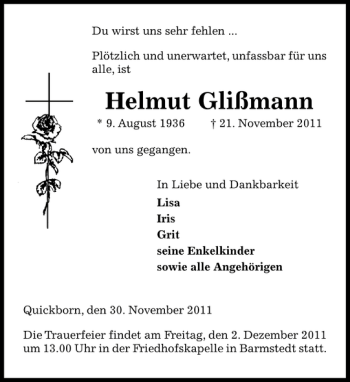 Traueranzeige von Helmut Glißmann von Barmstedter Zeitung