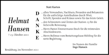 Traueranzeige von Helmut Hansen von Landeszeitung
