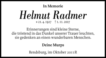 Traueranzeige von Helmut Radmer von Landeszeitung