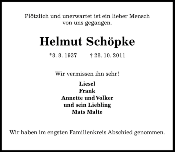 Traueranzeige von Helmut Schöpke von Pinneberger Tageblatt