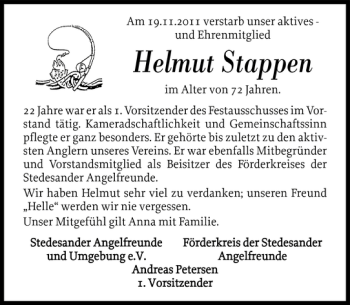 Traueranzeige von Helmut Stappen von Nordfriesland Tageblatt