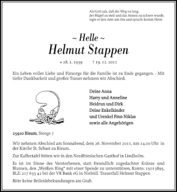 Traueranzeige von Helmut Stappen von Flensburger Tageblatt