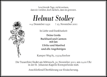 Traueranzeige von Helmut Stolley von Norddeutsche Rundschau