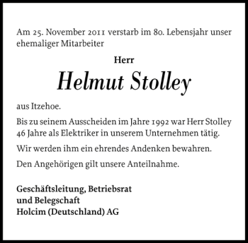 Traueranzeige von Helmut Stolley von Norddeutsche Rundschau
