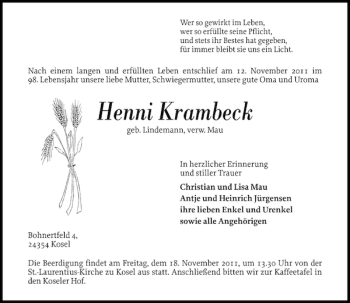Traueranzeige von Henni Krambeck von Eckernförder Zeitung
