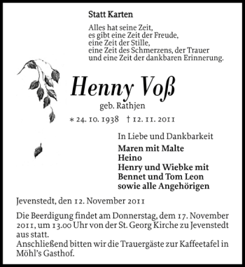 Traueranzeige von Henny Voß von Landeszeitung
